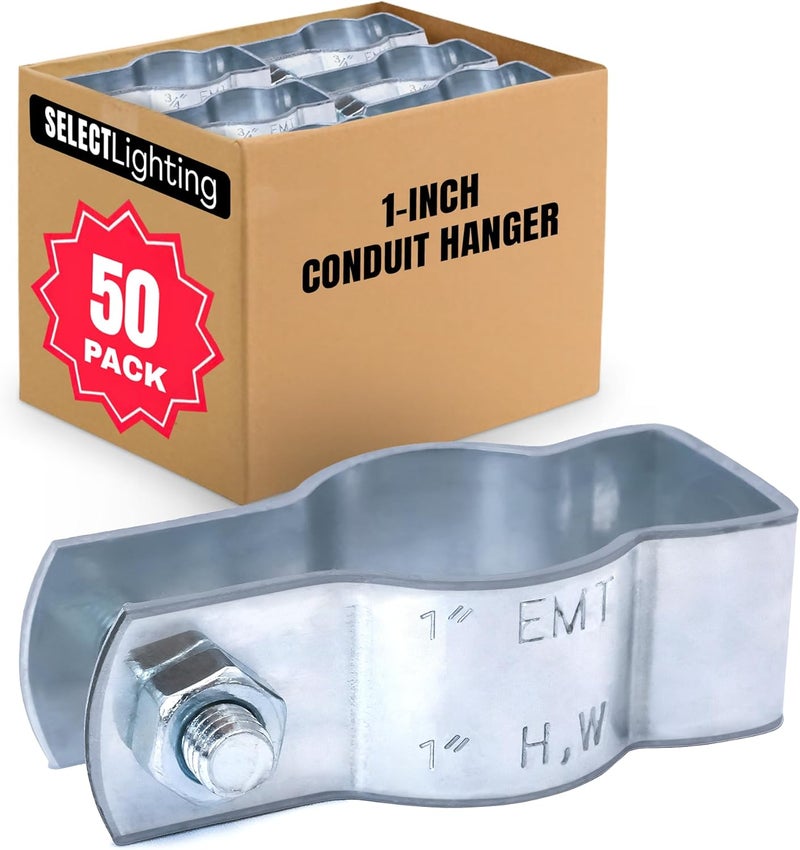 SELECT LIGHTING SELECT 50 Pack Lighting Conduit Hanger, 1 Inch Electrical Conduit Clamp with Carriage Bolt and Nut, Galvanized Conduit Clamps, Rigid Conduit Pipe Fittings for Mounting - Image 1